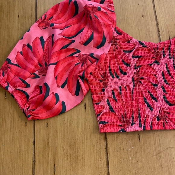 Women’s Pink Tropical Banana Print Smocked Crop Top HT360 Summer Resort wear XL - Picture 8 of 11